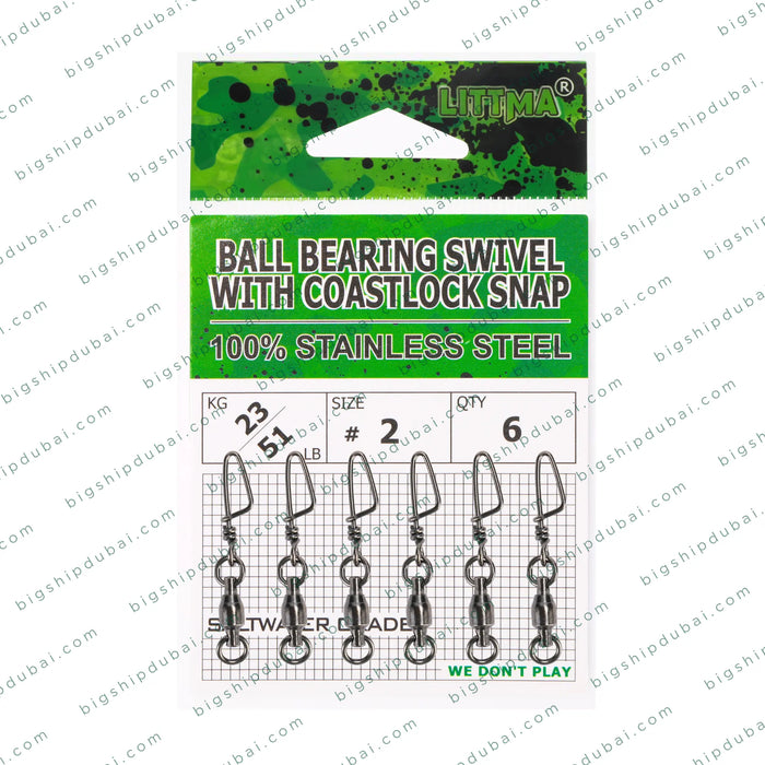 High-strength LITTMA Ball Bearing Swivel with Coastlock Snap for smooth performance and reduced line twist. Ideal for freshwater and saltwater fishing, featuring a secure connection for quick rig changes and enhanced lure action.