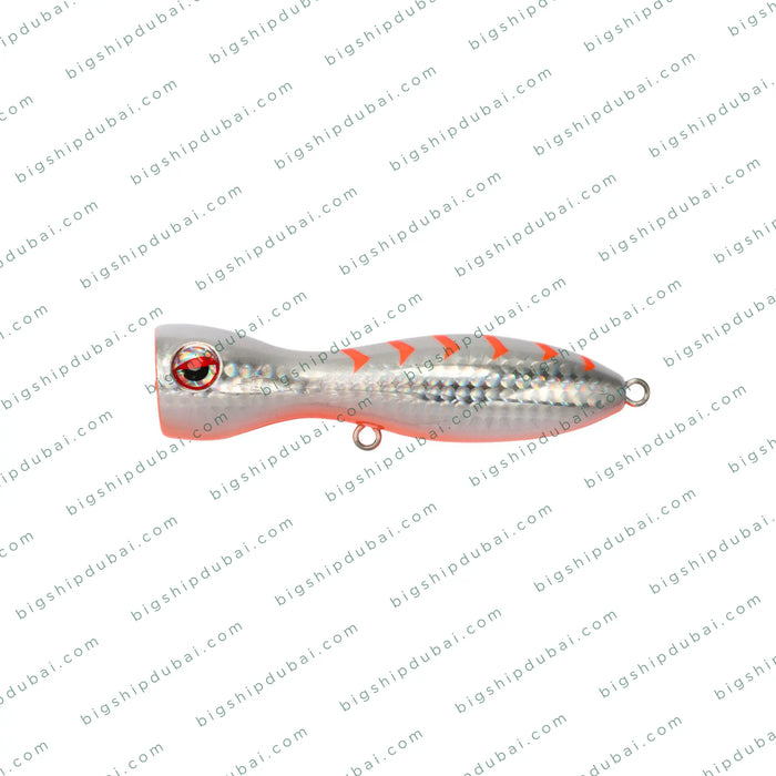 Fishing lure with red and silver design on a white background
