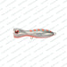 Fishing lure with red and silver design on a white background
