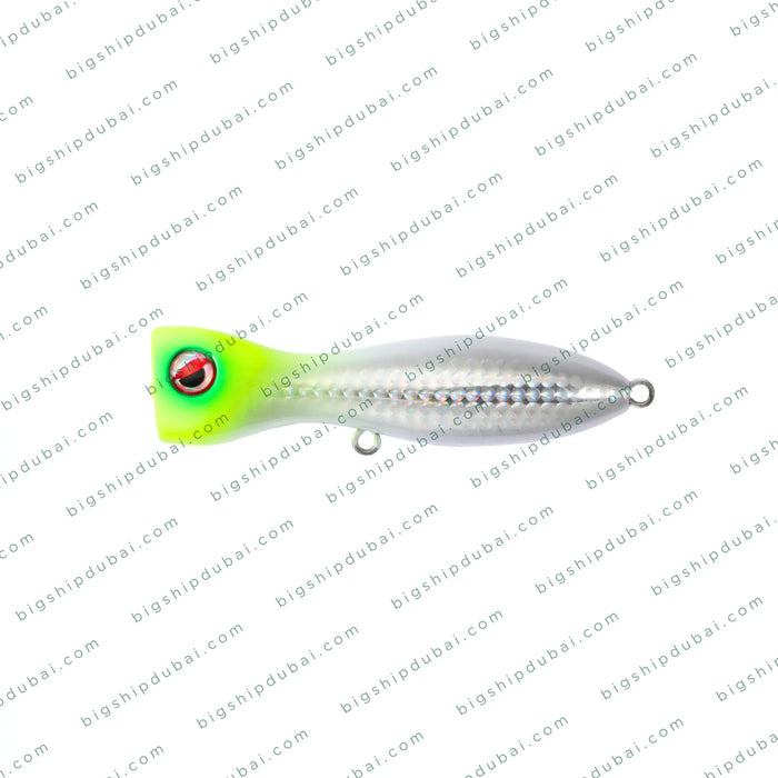 Fishing lure with a green and silver design on a white background