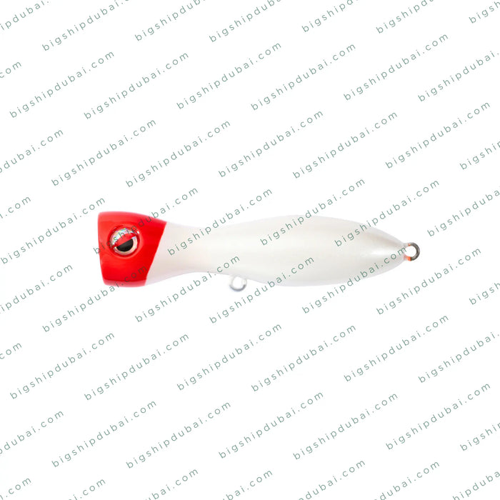 Fishing lure with red and white design on a branded background