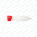 Fishing lure with red and white design on a branded background