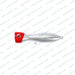Fishing lure with red and silver design on a white background
