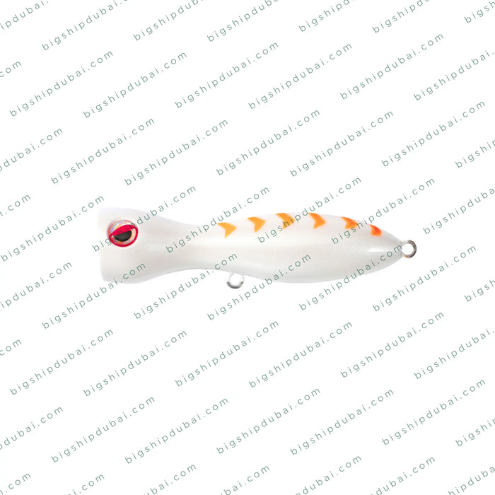 Fishing lure with a white body and red eye on a branded background