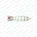 Fishing lure with a striped body and red eye on a white background