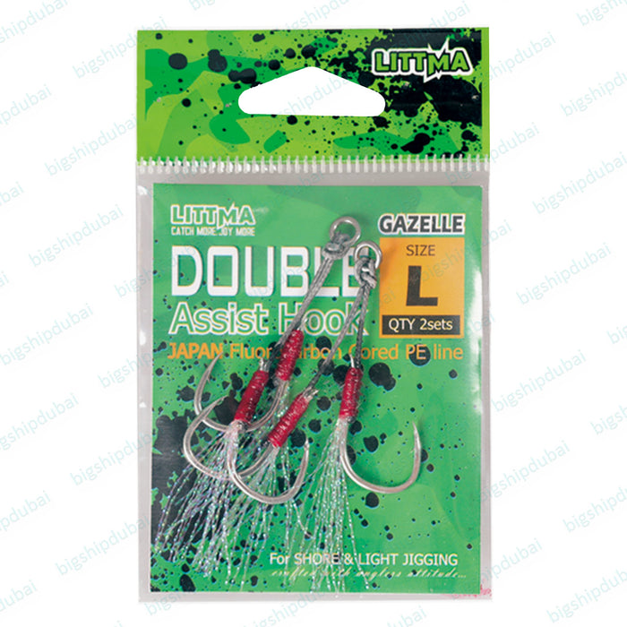 LITTMA Assist Hook with gazelle light jigging hook and Japanese PE line. Features carbon fiber for tangle-free performance, plus flash tinsel for better fish attraction. Ideal for shore, light, and slow jigging in any environment.